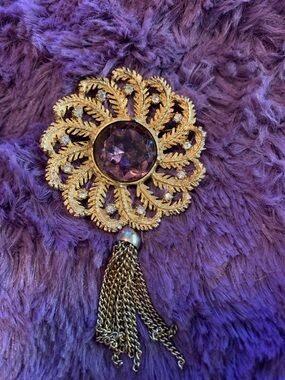 Vintage Gold-Tone Floral Tassel Brooch with Purple Center/ Rhinestone Accents